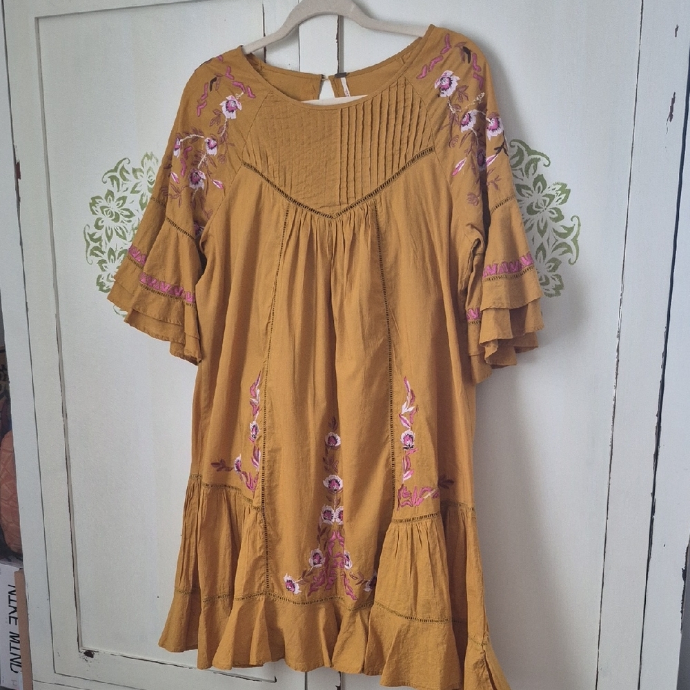 Free People Mustard Yellow Dress  with embroidered  Detail
